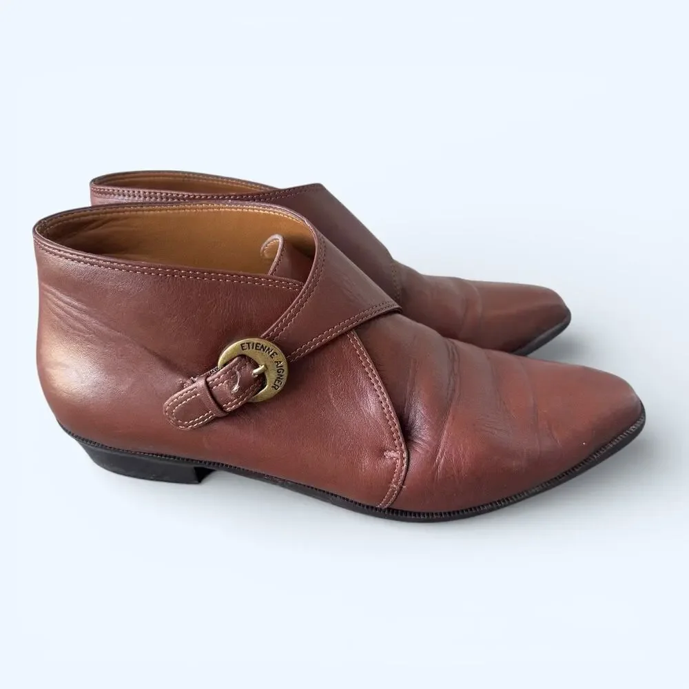 Vintage 80s Etienne Aigner Brown Leather Monk Strap Ankle Boots Women's 8 Wide